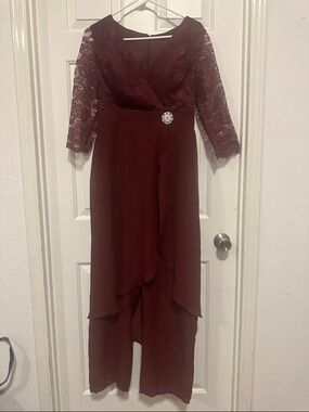 Amazon Women's Burgundy Lace Wrap Jumpsuit with Rhinestone Brooch